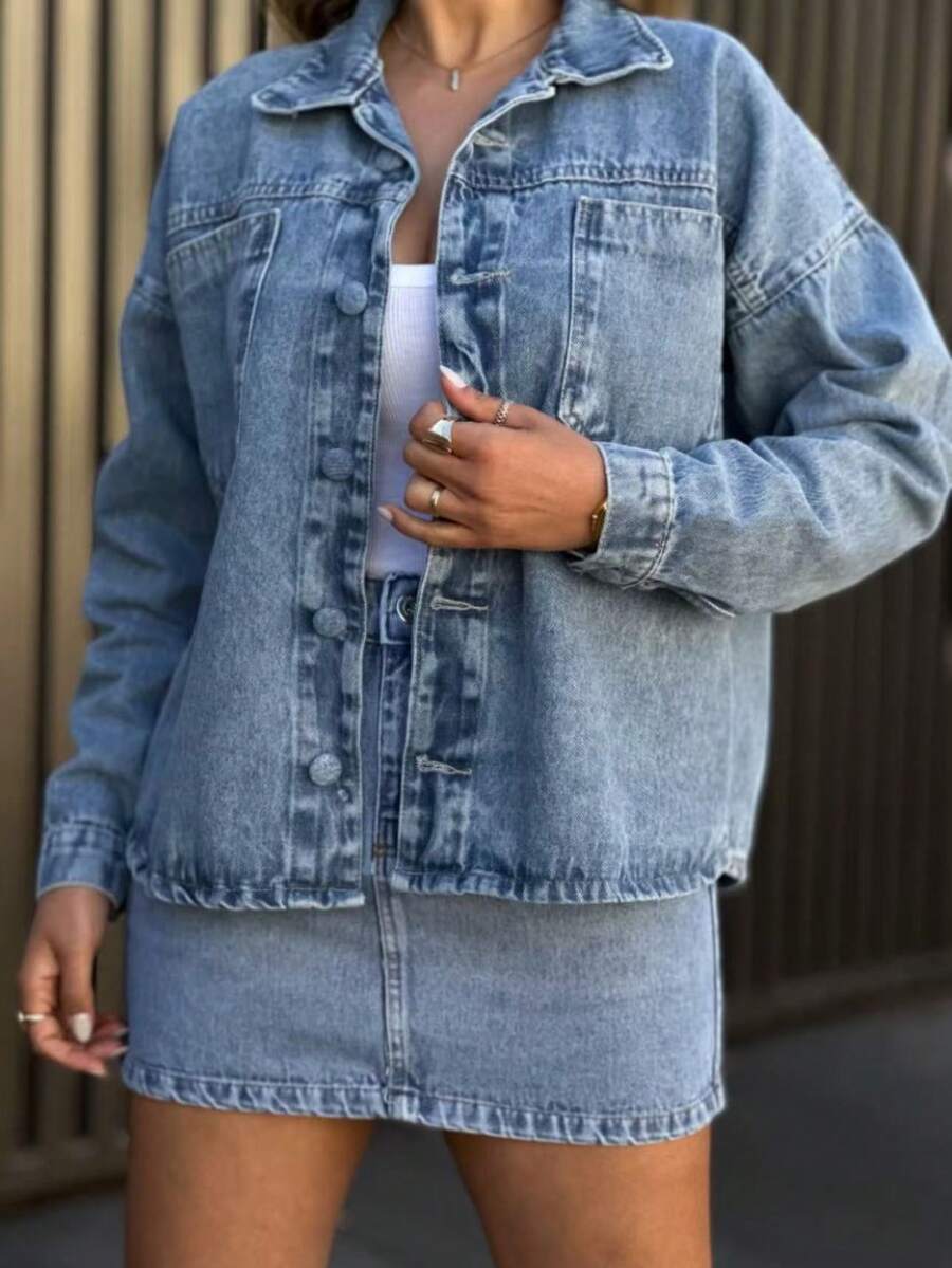 Women's Denim Jacket Coat Blouse Coat Women's Cold Weather Long Sleeve 0067 - 中等水洗藍 - 查看 1