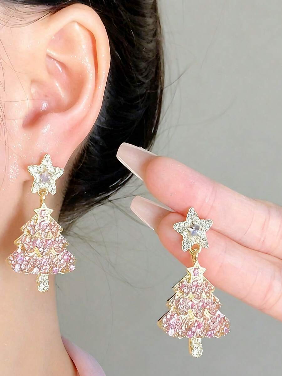 1 Pair Luxury Sparkling Star Christmas Tree Earrings, Decorated With Cubic Zirconia Stones, Suitable For Women's Daily And Christmas Wear