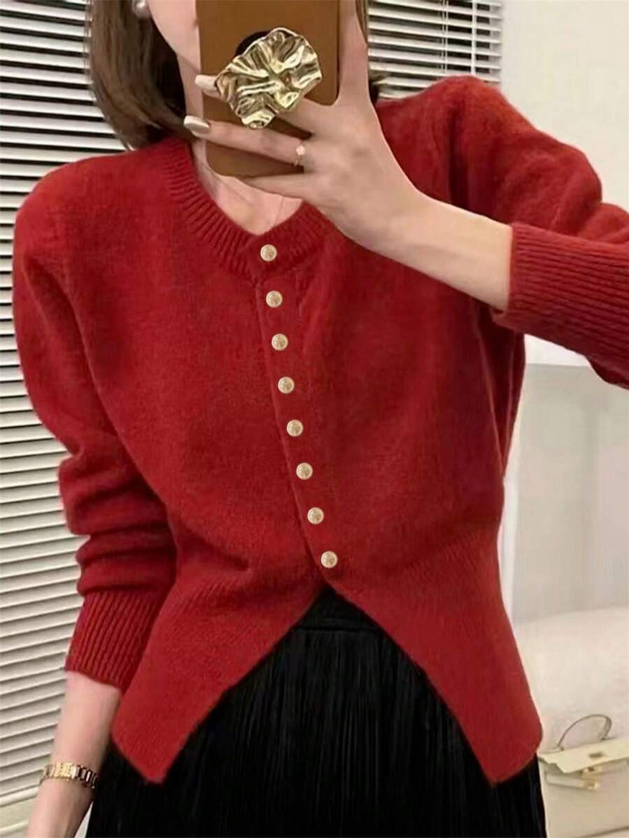 女士休闲圆领针织开衫，复古简约红色长袖短款毛衣，冬季外套 - 紅色 - 查看 1