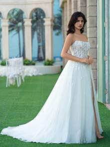 YOUKEFEIER 新款无肩带美人鱼蕾丝刺绣串珠性感高开衩长款婚纱，新娘礼服 - 米色 - 查看 8