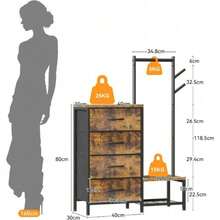 ODK Comoda Dormitorio 3 en 1, con Burro Ropa y 2 Ganchos para Abrigos, Zapatero de Doble Capa en la Parte Inferior, 4 Cajonera de Tela, Ideal para Dormitorio y Pasillo, Blanco