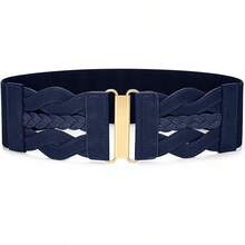 Vintage Stretchy Wide Elastic Belt With Gold Buckle For Women - Navy Blue - View 1