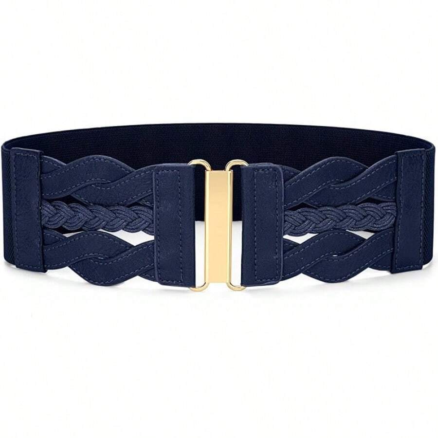 Vintage Stretchy Wide Elastic Belt With Gold Buckle For Women - Navy Blue - View 1