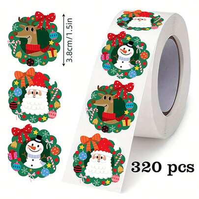 1 Roll Christmas Doodle Stickers - 320pcs/Roll, 3 Designs, Large Size (1.5 Inch) Santa Claus, Reindeer, Snowman, Gift Tags And Cards For Weddings, Parties, New Year, Holiday Decorations, Self-Adhesive Stickers