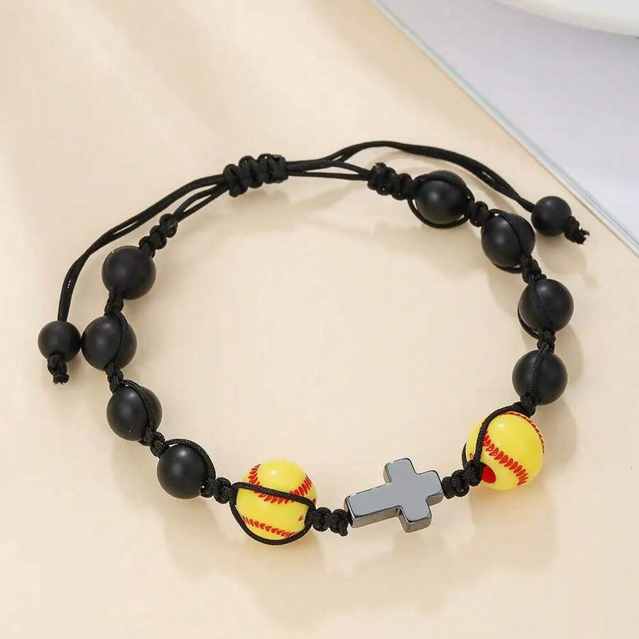 Cross Sports Woven Bracelet Matte Black Stone Beaded Basketball Football Volleyball Bracelet - D0379-1 - View 1
