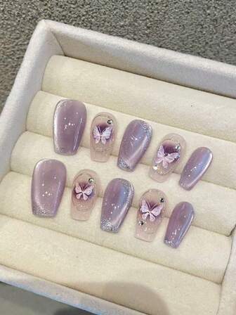 10pcs High-End Purple Cat-Eye Butterflies Handmade Fake Nails, Light Luxury Purple Manicure