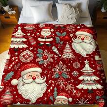 1PC Vintage Santa Claus And Christmas Tree Themed Flannel Blanket, Machine Washable, Soft And Comfortable, Lightweight Wool Blanket, Suitable For Home Decoration All Year Round, A Gift For Friends, Suitable For Sofas, Beds, Cars, Offices, Camping, Travel, Outdoor, Suitable For Giving To Family And Friends. - Multicolor - View 3
