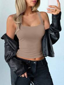 GAOVOT Women's Sexy Backless Crop Top, Y2K Style Square Neck Casual Camisole - Khaki - View 8