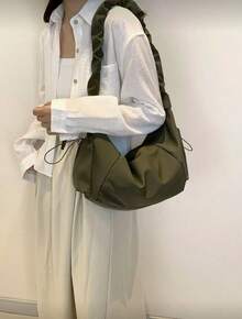 1pc Nylon Fabric Multi-Pocket Dumpling Crossbody Bag, Women Casual Pleated Drawstring Shoulder Bag, Slouchy Bohemian Hobo Bag - 軍綠色 - 查看 2