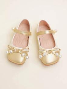 1 Pair Elegant Colorblock Cute Bow & Pearl Decor Girls/Kids Flat Shoes, Soft & Comfortable, Suitable For Spring, Summer, Autumn - Gold - View 2