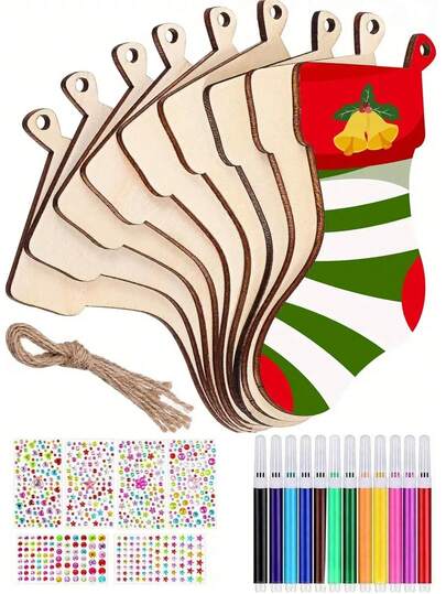 10 个空白木制圣诞树挂饰，DY 可涂漆工艺品，10 个圣诞袜形状的 DIY 木制挂饰，带有油漆和彩色水钻，适用于家居工艺品和悬挂派对装饰