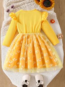 Långärmad vardagsklänning för flickor, volangermad midja med knytband och rosett, stickad klänning, vår/höst, gul lapptäcke i mesh med prästkragetryck, söt och söt klänning, bekväm mjuk och elegant klänning, lämplig för utomhusbruk, vardag, fest, högtidsgåva, åldrar 4-8 - Gul - Visa 2