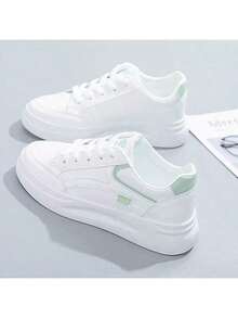 2025年新款女式厚底学院风小众学生休闲运动鞋，白色和绿色 - 白色 - 查看 2