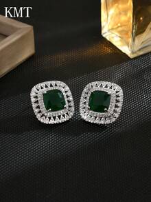 1 Pair Copper Plated Cubic Zirconia Stud Earrings, Luxurious, Multi-Color Options, Suitable For Party, Banquet, Daily Wear, Great Gift