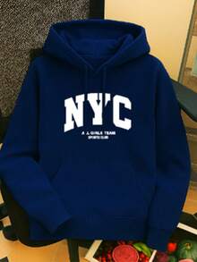 Sudadera con capucha gruesa para mujer Unitalla  con estampado , de estilo casual y sencillo, adecuada para otoño/invierno - Azul Marino - Ver 1