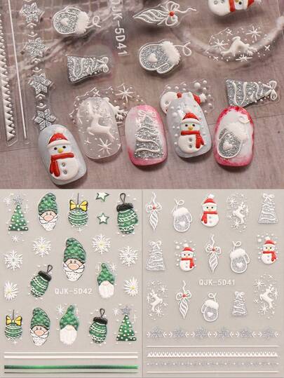 2pcs Christmas Glitter Manicure Relief Stickers - Santa Claus, Snowman, Snowflakes, Elk, Gingerbread Manicure Design For Christmas, Bells And Christmas Hats, Self-Adhesive Manicure Decals For Women, 5D Embossing Finishes, Cute, Shiny And Cartoon Themes, Easy To Apply Nail Decorations, DIY, Holiday Gifts, Party Makeup Styling, Y2K