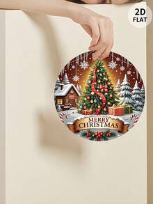 1 Stücke Weihnachts-Dekorations-Set - beinhaltet Frohe Weihnachten, Weihnachtsbaum, Weihnachtskugeln, Geschenkboxen, Winterlandschaft, Hütte, Schneeflocken, Zuckerstangen, runde Ornament-Teller, Feiertags-Atmosphäre. Geeignet für Zuhause, Restaurant, Bar, Ladenfront, Café Dekoration. 2D flach bedrucktes Design für Hängeschilder und dekorative Holzstücke.