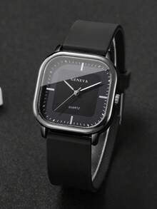 1pc Men's Silicone Strap Fashion Casual Square Minimalist Dial Quartz Wrist Watch, Classic - Black - View 5