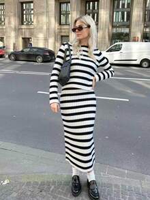 HoloChill Women's Colorblock Striped Casual 2-Piece Set: Crew Neck Long Sleeve Sweater And Long Bodycon Skirt, 2025 Autumn/Winter New Arrival