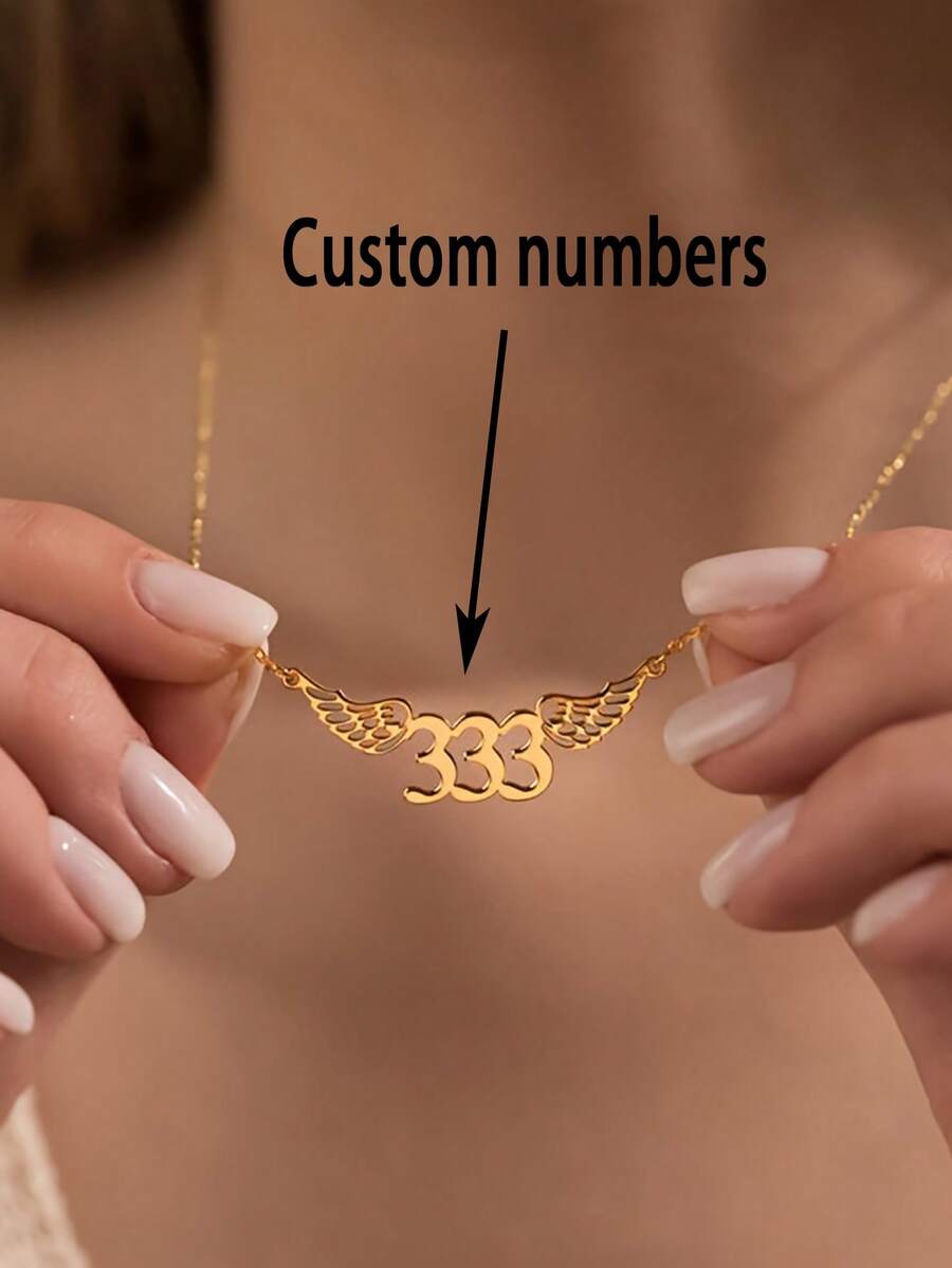 1pc Customizable Wings Number Necklace, Stainless Steel Jewelry, Lucky Number Charm Necklace, Romantic Necklace, Couple Necklace, Customized Necklace, Number Necklace, Gold Necklace And Silver Necklace, Women's Jewelry, Customizable Items, Exquisite Chain, Wedding, Daily Wear, Halloween, Christmas Gift, Anniversary Gift, Personalized Gift