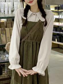 Casual Cute Sweet Peter Pan Collar Long Sleeve Embroidered Loose Button-Up Blouse (Dress Not Included) - White - View 3