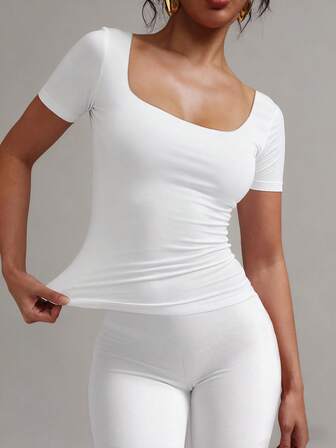 XLLAIS Camiseta básica de manga corta y cuello cuadrado de verano, toda blanca, de 2025, con alto estiramiento y doble capa para estilizar