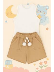 Children's And Youth Set Basic Tank Top + Ribbed Shorts With Pompom Super Stylish 2-Piece Kit For Girls And Teenagers Spring Summer CJI039 - Nude and White - View 2