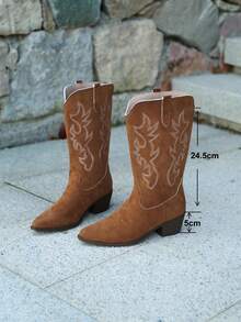 Women's Pointed Toe Western Boots, Embroidered Details Chunky Low Heel Mid-Calf Boots, Suitable For Party And Daily Wear - Brown - View 7