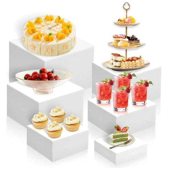 6 białych akrylowych stojaków samoobsługowych do ekspozycji żywności, 5-stronne, wielofunkcyjne, akrylowe stojaki z pustym dnem, odpowiednie na śniadanie, bufet, wesele, imprezę (6 dużych szt. = 5", 6", 6,8", 7", 7,5", 8")