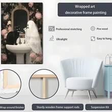 1PC Black Cat Is Sitting On A White Sink, Right In Front Of It12X16inch And 16x24inch Framed , Classic Wooden Frame, Suitable For Living Room, Bedroom, Bathroom And Other Decorations, Perfect Gifts For Christmas, Halloween And Thanksgiving