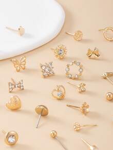 60pcs Fashion Metal Butterfly, Heart, Rhinestone, Moon, Bow Knot, Flower Stud Earrings Set, Jewelry Gift, Suitable For Women's Daily Wear - Yellow Gold - View 3