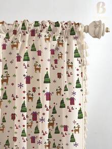 Bubaba 1 pieza Cortina con diseño de árbol de Navidad y reno estilo americano, material de poliéster con borlas beige, adecuada para decoración navideña en dormitorio, cocina, comedor, hotel, fiesta, todo el año