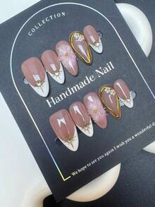 10 Peças de Unhas Postiças Feitas à Mão, Presentes de Natal, Unhas Falsas, Unhas Curtas Adesivas, Estilo Metálico, Olho de Gato, Outono e Inverno de Alta Qualidade, Linhas Douradas Tridimensionais, Base Rosa, Branco, Elementos Florais, Unhas Curtas, Unhas Amendoadas, Adequadas para Senhoras e Meninas que Amam Beleza para Usar Diariamente e como Presente de Feriado, Adequadas para o Dia dos Namorados, Natal - Dourado - Visão 12