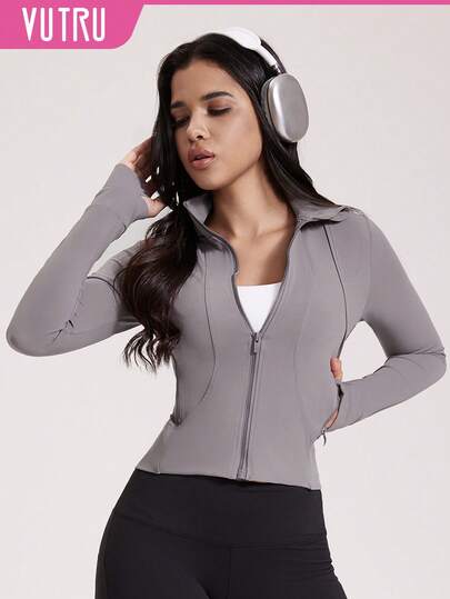 VUTRU Women's Tight Collar Zipper Sports Jacket With Pockets, Suitable For Yoga And Running, Autumn/Winter
