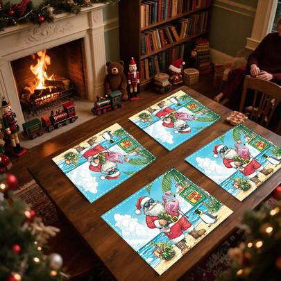 1 set/1 pièce/4 pièces/6 pièces Vaisselle de table avec motif de Père Noël sur la plage, vaisselle thermoprotectrice, vaisselle en polyester lavable en machine, vaisselle de protection, décoration centrale, décoration de salle de séjour familiale quotidienne, convient pour la décoration de rassemblement de groupe