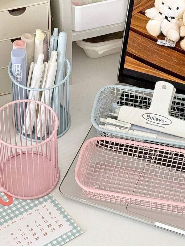 New Cream-Color Iron Wire Storage Basket, Pen Holder, Multi-Function Desktop Organizer Box For Office Supplies, Student Desk Stationery Storage, Small Size Storage Basket