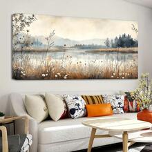 2D Flat, Vintage Farmhouse Wall Art - Autumn Landscape Painting With Beige, Brown, Teal & Orange Hues - Wrapped Canvas Framed Decor For Living Room, Bedroom, Bathroom - Ready-To-Hang Country Cottage Decoration, Rustic Charm, Handcrafted Feel, Decorat - 彩色 - 查看 5