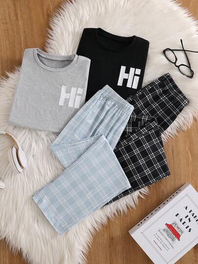 A 4-Piece Fashionable Casual Home Outfit Suitable For Boys, Including A Long Sleeved Top With The Word "Hi" Printed On It And Checkered Straight Leg Pants, A Black And Blue Combination Multiple Piece Set, Comfortable Fabric, Suitable For Home Wear