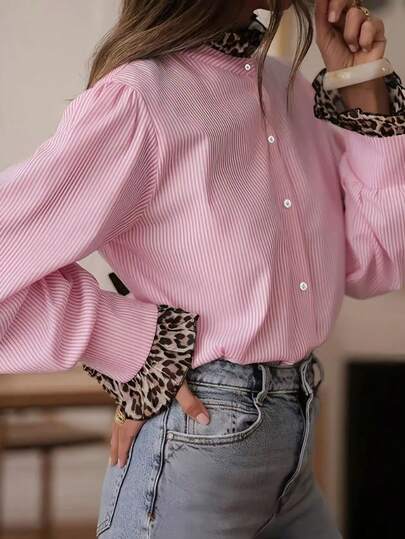 Camisa de mujer de manga larga con elegante estampado de leopardo y rayas - Cuello alto con puños a rayas rosas y estampado animal, ligera para primavera/otoño y verano, uso casual o formal, blusa con estampado de leopardo, de moda