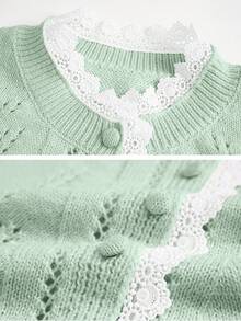 Delicate Style Short Cardigan Sweater Women, Lace Design Knitted Jacket - Mint Green - View 3