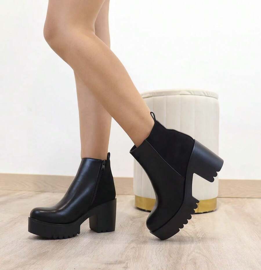 angelica Chunky High-Heeled Platform Ankle Boots – Urban And Elegant Style, Ideal For Nights Out, Casual Events, Concerts, Or Festivals. - 黑色 - 查看 1