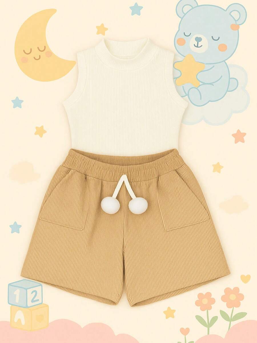 Children's And Youth Set Basic Tank Top + Ribbed Shorts With Pompom Super Stylish 2-Piece Kit For Girls And Teenagers Spring Summer CJI039 - Nude and Off - View 1