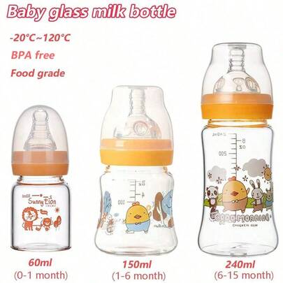 Baby Glass Milk Bottles, Wide Mouth 150ml And 240ml, Newborn Feeding Bottles, 60ml Standard Mouth Bottles, Heat Resistant Up To 400°F, Thick Material, Soft Silicone Nipple, Anti-Colic Design, Cartoon Milk Bottles