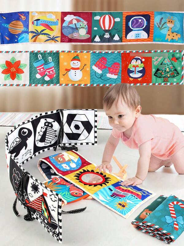 Livro de pano para bebês, papel com som integrado, costura sólida com agulha e linha, lavável, com padrões que variam do preto e branco às cores, ajudando bebês no desenvolvimento visual