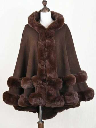 一件纯色下摆双层仿毛皮饰边腈纶连帽斗篷披肩，休闲优雅派对装扮，秋冬季连衣裙穿着