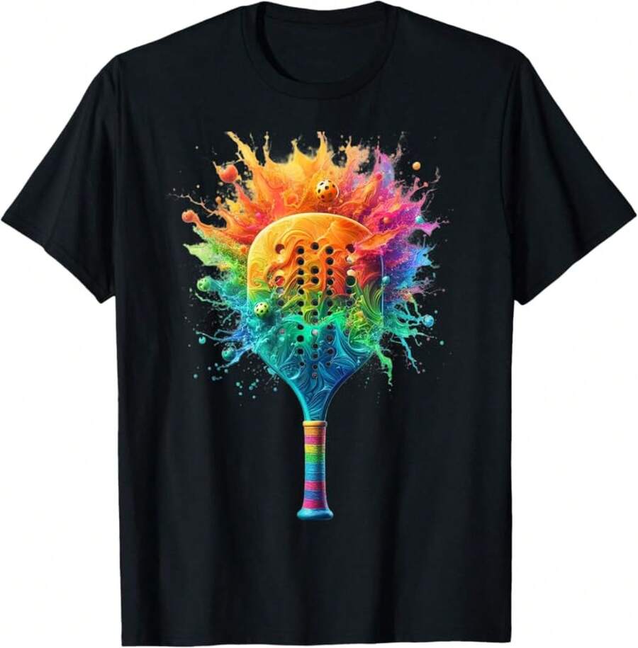 Women Pickleball Splash Colors Paddle Graphic Tee T-ShirtMen & Women Casual Crew Neck Short Sleeve Tee, Inspired Gift For Halloween, Christmas - 黑色 - 查看 1