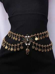 1PC Elegant Bohemian Coin Tassel Waist Chain Belt For Women - Golden-Toned With Pearls & Billboard Button Accents, Ideal For Casual Outings, Evening Dates, Beach, Parties & Festivals - 腰鏈 - 查看 1