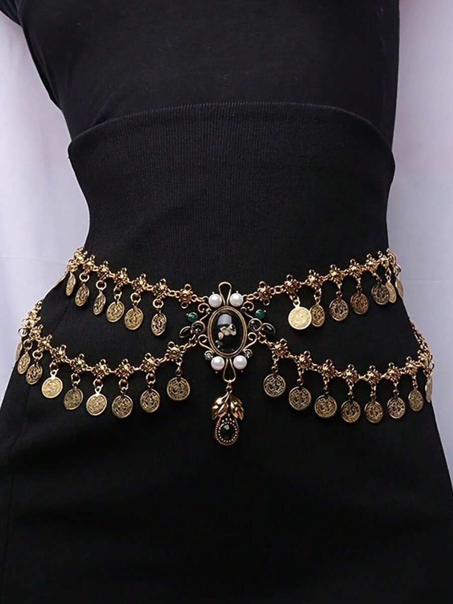 1PC Elegant Bohemian Coin Tassel Waist Chain Belt For Women - Golden-Toned With Pearls & Billboard Button Accents, Ideal For Casual Outings, Evening Dates, Beach, Parties & Festivals - 腰鏈 - 查看 1