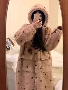 1set Women's Super Warm Teddy Fleece Hooded Bathrobe - Oversized Polka Dot Loungewear With Pom Pom Drawstring & Roomy Pockets, Ultra-Soft Plush Robe For Home Lounging, Book Reading Nooks, Cozy Movie Nights & Cold Winter Days Errands - Multicolor - View 10