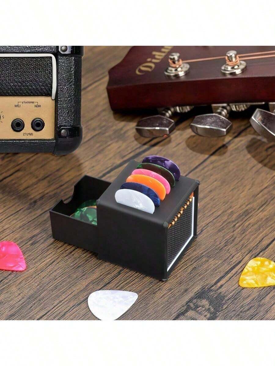 Guitar Pick Holder With Random Five Color Picks, Vintage Speaker Guitar Pick Holder, Portable Guitar Pick Holder, Gift For Guitar Lovers - có ngăn kéo lưu trữ + 5 mái chèo màu ngẫu nhiên - Xem 1